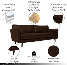 Sofá Decorativo Daemon 3 Lugares Sala de estar 212cm Pés em Eucalipto Couro Marrom Tabaco Manchado G40 - Gran Belo