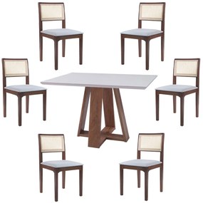 Conjunto Mesa Sala de Jantar c/Tampo de Vidro Shell 160x90cm com 6 Cadeiras Madeira Maciça Nivea Tela Rattan Sextavano Linho Cinza/Amêndoa G55 - Gran