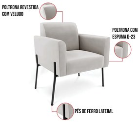 Poltrona Pé de Ferro Preto para Sala Kit 2 Marisa Veludo D03 - D'Rossi - Cinza