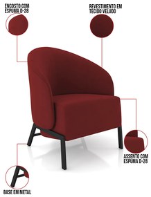 Poltrona Sala de Estar Base Industrial Kit 2 Luar Veludo Vermelho K01 - D'Rossi