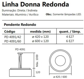 Pendente Donna Ø42X11Cm 4Xe27 / Metal E Acrilico | Usina 4091/42 (ND-B - Nude Brilho)