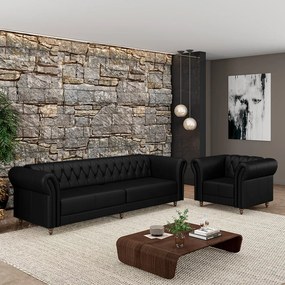 Conjunto Sala de Estar 1 Sofá Living 260cm e 1 Poltrona Stanford Chesterfield Pés Madeira Couro Preto Brilho G58 - Gran Belo