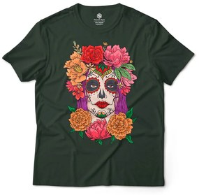 Camiseta Unissex Caveira Mexicana Mulher Dia de Los Muertos 2 - Verde Musgo - GG