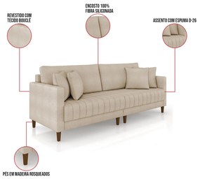 Sofá 3 Lugares Living 196cm Pés Madeira Cléo Bouclê K01 - D'Rossi - Creme