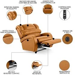 Poltrona do Papai Reclinável Kalie Power Touch Massagem FH9 PU Whisky