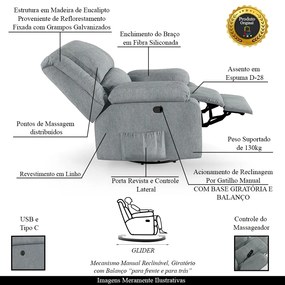 Poltrona do Papai Reclinável Sala de Cinema Madrid Glider Manual Giratória Massagem USB Linho Cinza  G26