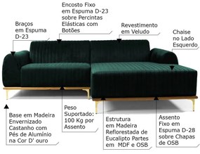 Sofá 4 Lugares Bipartido com Chaise Lado Esquerdo Base de Madeira Euro 255 cm Veludo Verde G15 - Gran Belo
