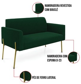 Sofá 2 Lugares Namoradeira Pé Ferro Dourado Marisa Bouclê Verde D03 - D'Rossi