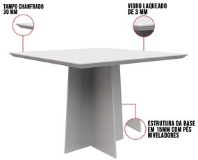 Mesa de Jantar Quadrada Tampo com Vidro Tina 100 cm Off White - D'Rossi