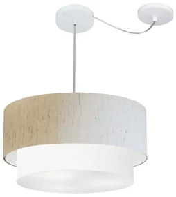 Lustre Pendente Cilíndrico Com Desvio Linho Bege e Branco MJ-4361 Para Mesa de Jantar e Estar