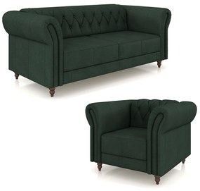 Conjunto Sala de Estar 1 Sofá Living 180cm e 1 Poltrona Stanford Chesterfield Pés Madeira Couro Verde G58 - Gran Belo