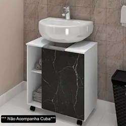 Gabinete Para Banheiro 55cm 1 Porta Com Rodízios Pequin Branco/Nero -