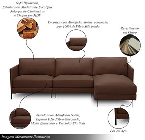 Sofá Decorativo Karine 5 Lugares Sala de estar 300cm com Chaise Pés em Aço Couro Marrom Chocolate G88 - Gran Belo