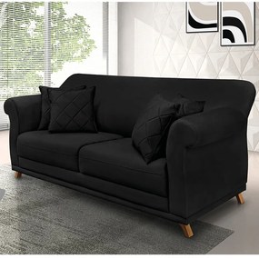 Sofá 3 Lugares Pé de Madeira Julieta 220 cm Suede S04 - D'Rossi - Preto