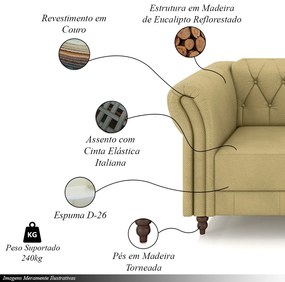 Sofá Living Sala de Estar Stanford Chesterfield 3 Lugares 240cm Pés de Madeira Couro Bege G58 - Gran Belo