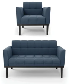 Sofá Namoradeira e Poltrona Base de Madeira Preto Elisa Suede D03 - D'Rossi - Azul Marinho