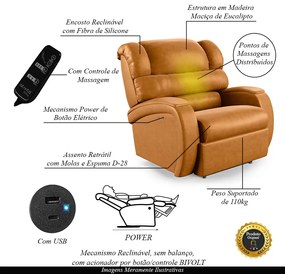 Poltrona do Papai Reclinável Napoli Power Touch Massagem PU Whisky FH1 - D'Rossi