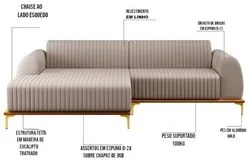 Sofá 265cm 4 Lugares com Chaise Esquerdo Pés Gold Molino C-107 Linho B