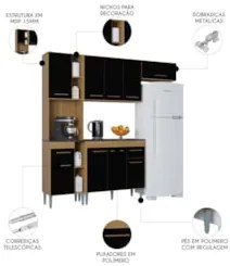 Cozinha Compacta Com Balcão Nicole 202cm P11 Damasco/Preto - Mpozenato