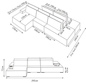 Sofá Ilha com Encosto e Almofadas Delta 395cm Modulado Chaise e Puffs Bouclê Bege Escuro G52 - Gran Belo