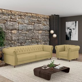 Conjunto Sala de Estar 1 Sofá Living 200cm e 1 Poltrona Stanford Chesterfield Pés Madeira Couro Bege G58 - Gran Belo