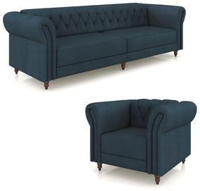 Conjunto Sala de Estar 1 Sofá Living 240cm e 1 Poltrona Stanford Chesterfield Pés Madeira Couro Azul Marinho G58 - Gran Belo