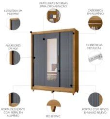 Guarda Roupa Solteiro Espelho 3 Portas Viena M07 Freijó/Cinza - Mpozen