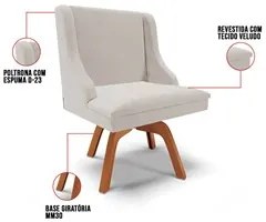 Kit 6 Cadeiras Estofadas Base Giratória de Madeira Lia Veludo Cinza -