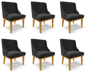 Kit 6 Cadeiras Decorativas Sala de Jantar Base Fixa de Madeira Firenze Veludo Preto/Castanho G19 - Gran Belo