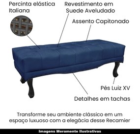 Recamier Decorativo 90cm Loewe Suede Pés de Madeira Azul Marinho G63 - Gran Belo