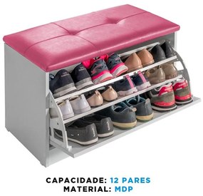 Sapateira Puff Bau Cama Versatile Premium Luxo Até 12 Pares Branco - Estofado Rosa