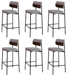 Banqueta Alta Bar Estofada Kit 6 Ella M25 Linho Cinza CL/Marrom - Mpoz