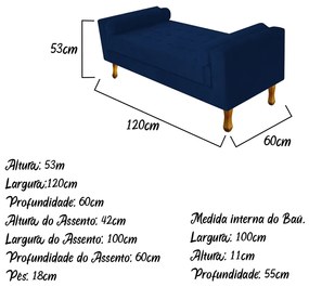 Recamier Baú Félix Solteiro 120cm Suede Azul Marinho - ADJ Decor