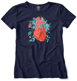 Camiseta Baby Look Coração Florido de Amor - Azul Marinho - G