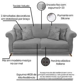 Sofá 3 Lugares Pé de Madeira Julieta 220 cm Veludo Cinza S04 - D'Rossi