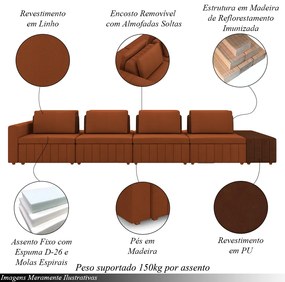 Sofá Ilha com Encosto e Almofadas Móveis Olimpo 505cm Modulado Linho/PU Terracota/Marrom G45 - Gran Belo