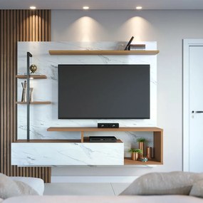 Painel TV 58 Pol 180cm Bancada Suspensa Jordan C04 - D'Rossi - Freijó e Branco Neve