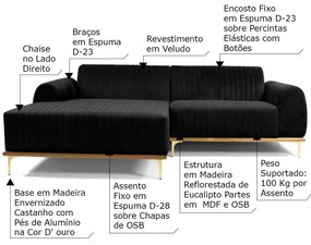 Sofá 4 Lugares Bipartido com Chaise Lado Direito Base de Madeira Euro 265 cm Veludo Preto G15 - Gran Belo