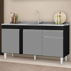 Balcão Gabinete com Pia Inox 150cm 3 Portas 1 Gaveta Dakota Preto/Cinz