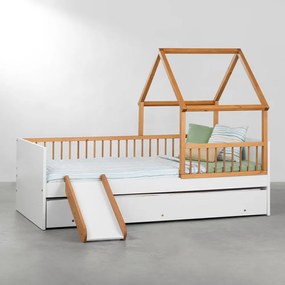 Cama Casinha Evolutiva Tenda com Cama Auxiliar e Escorregador - Branco e Amêndoa