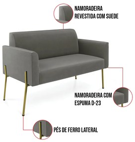 Sofá Namoradeira 2 Lugares Pé de Ferro Dourado Marisa Suede Grafite D03 - D'Rossi