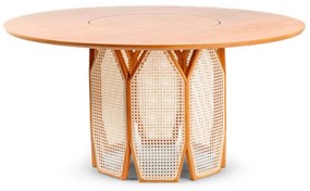 Mesa de Jantar Vênus Redonda Tampo Giratório Base Madeira Tauari Detalhe Rattan