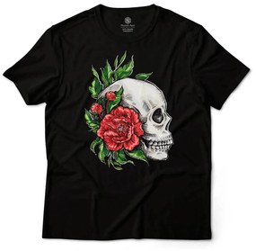 Camiseta Unissex Caveira e Rosas Vermelhas - Preto - M