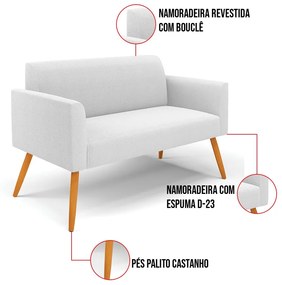 Sofá 2 Lugares Namoradeira Pé Palito Castanho Marisa Bouclê D03 - D'Rossi - Off White