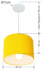 Lustre Pendente Cilíndrico Vivare Md-4113 Cúpula em Tecido 30x25cm - Bivolt - Amarelo - 110V/220V
