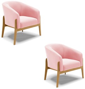 Poltrona Decorativa Base de Madeira kit 2 Stella Suede D03 - D'Rossi - Rosa Bebê