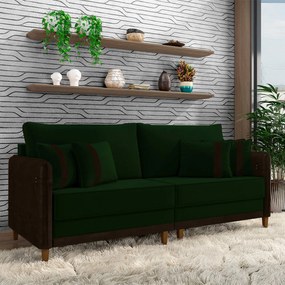 Sofá Living Montecarlo 3 Lugares Bipartido 232cm Pés em Madeira Veludo/PU Verde/Marrom G33 - Gran Belo