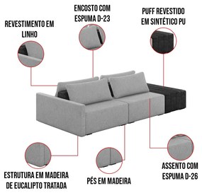 Sofá Ilha 2 Lugares Living 272cm Modulado para Sala Lary Linho/PU Pto K01 - D'Rossi - Cinza