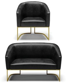 Sofá Namoradeira e Poltrona Base Industrial Dourado Stella Sintético PU D03 - D'Rossi - Preto