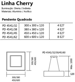 Pendente Quadrado Cherry 4L E27 38X38X12Cm | Usina 4541/38 (FN-F - Fendi Fosco)